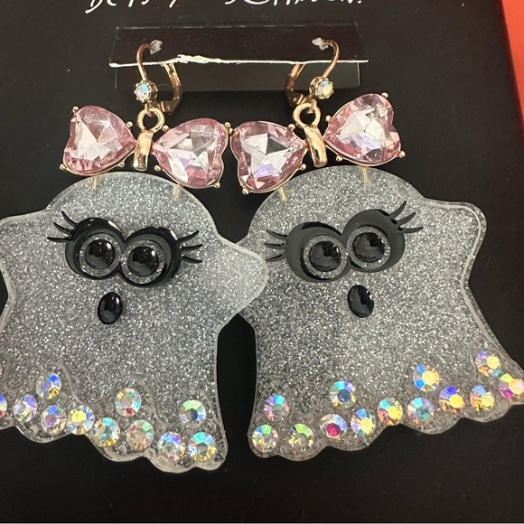 BETSEY JOHNSON HALLOWEEN GHOST WITH PINK BOW AND BLING DANGLE EARRINGS NEW W BOX - Picture 2 of 3